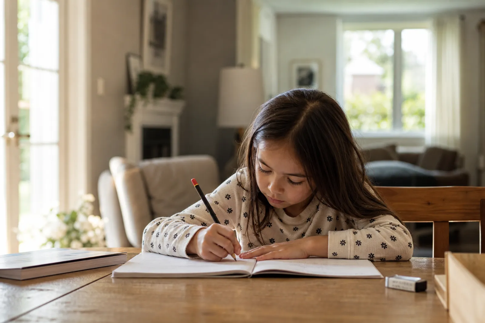 Un enfant seul dans un salon lumineux fait ses devoirs pendant que la porte d'entrée reste visible en arrière-plan.