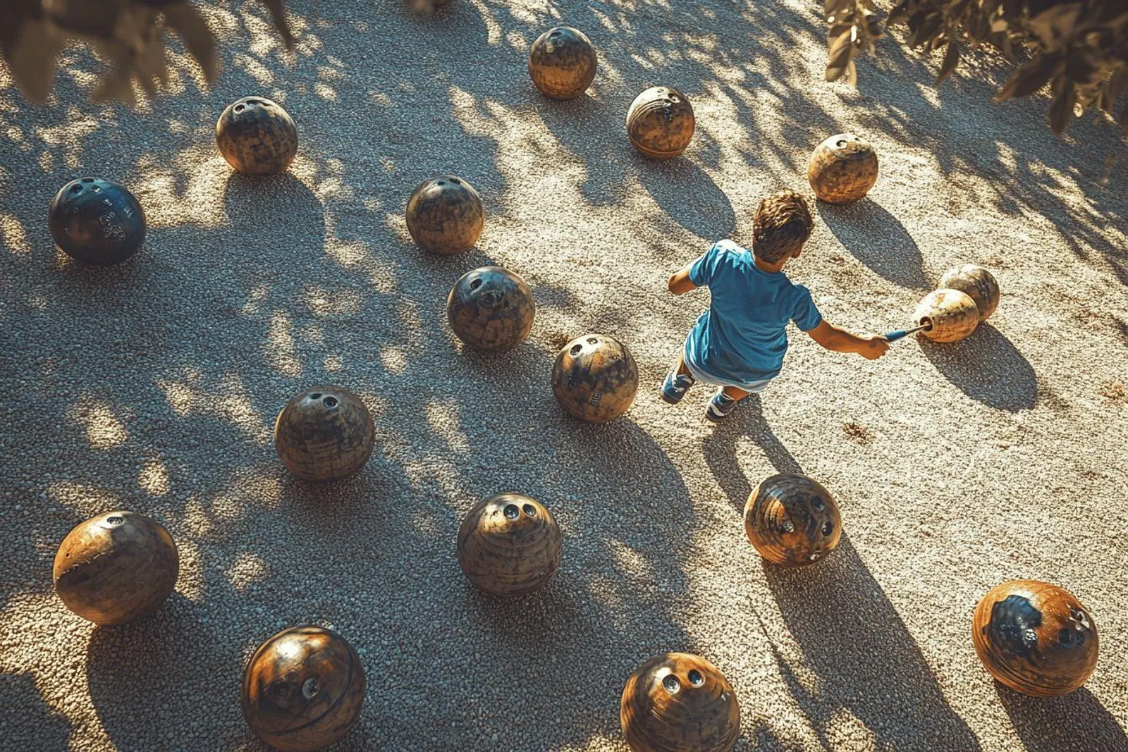 Un terrain de pétanque bien aménagé avec cercle, mètre, cochonnet et accessoires rangés au bord du boulodrome.