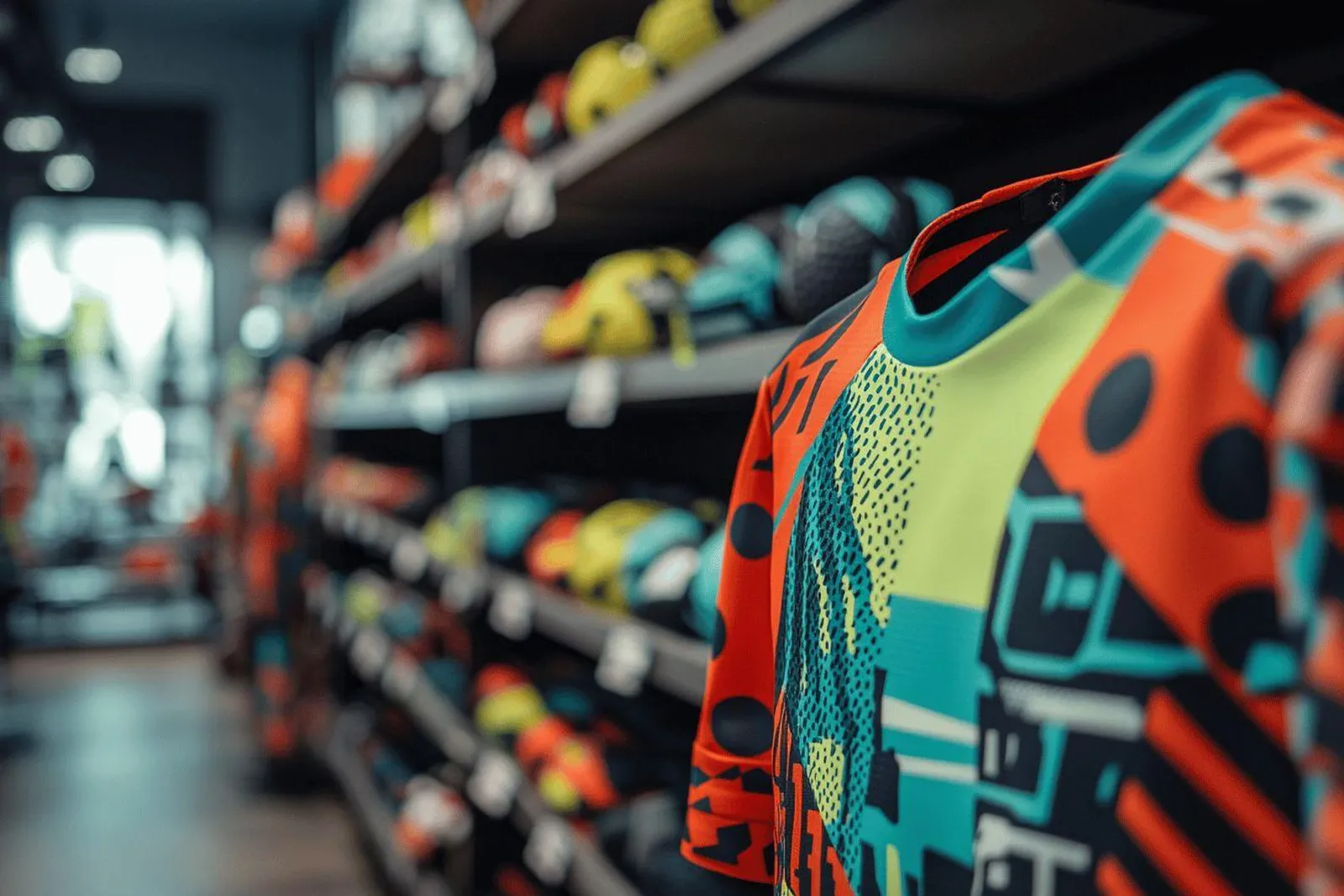 Un parent et son enfant comparent des maillots de foot en magasin, en vérifiant la taille et le design du club.