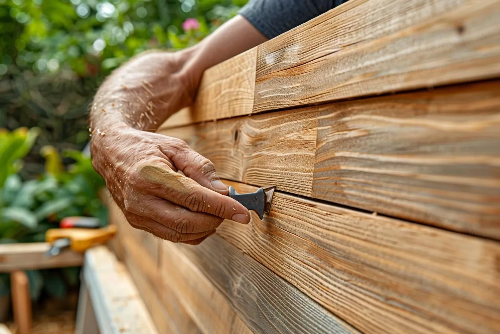 Un artisan pose un bardage en bois sur la façade d’une maison, avec tasseaux, lames alignées et outils visibles.