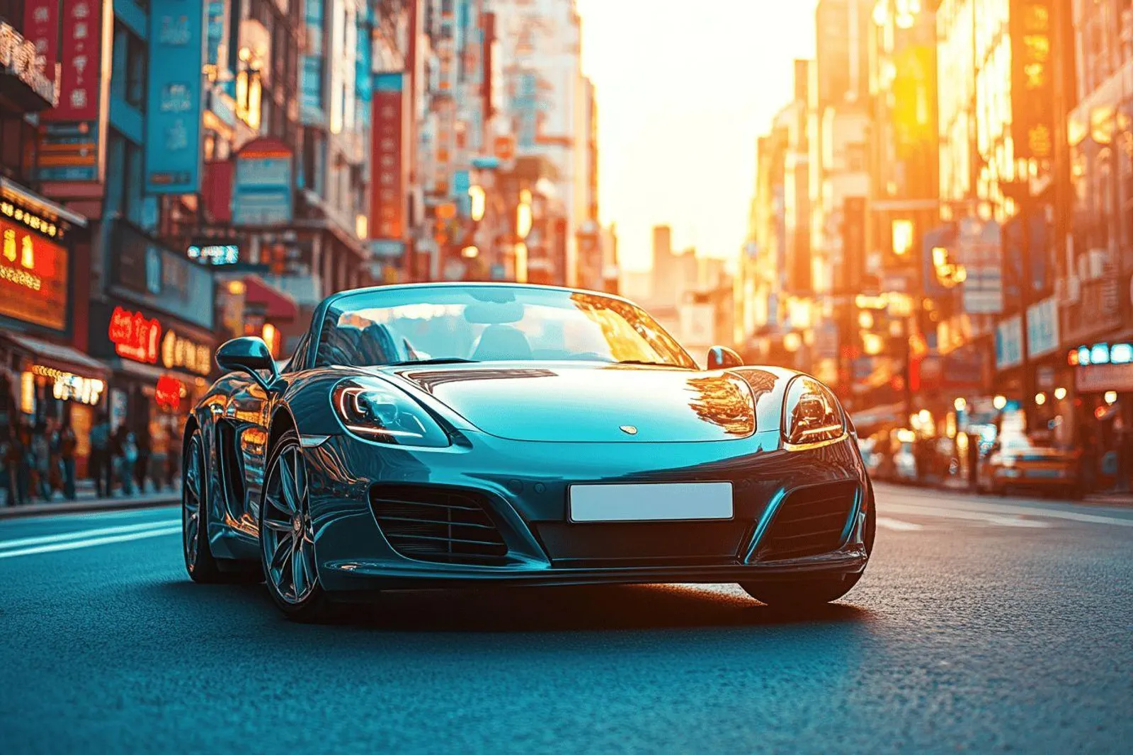 Une personne examine un contrat d’assurance à côté d’une voiture en leasing devant un bureau lumineux.