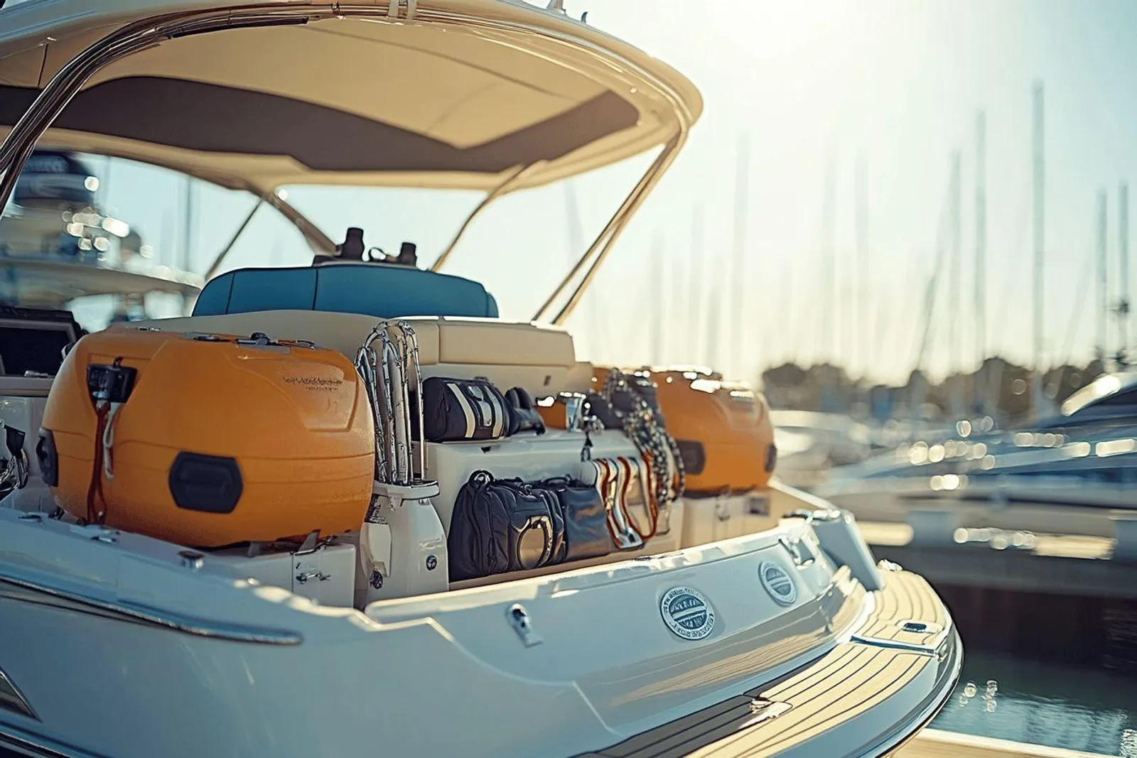 Un plaisancier contrôle l’inventaire des équipements de son bateau à quai, avec électronique de bord et matériel de sécurité visibles.