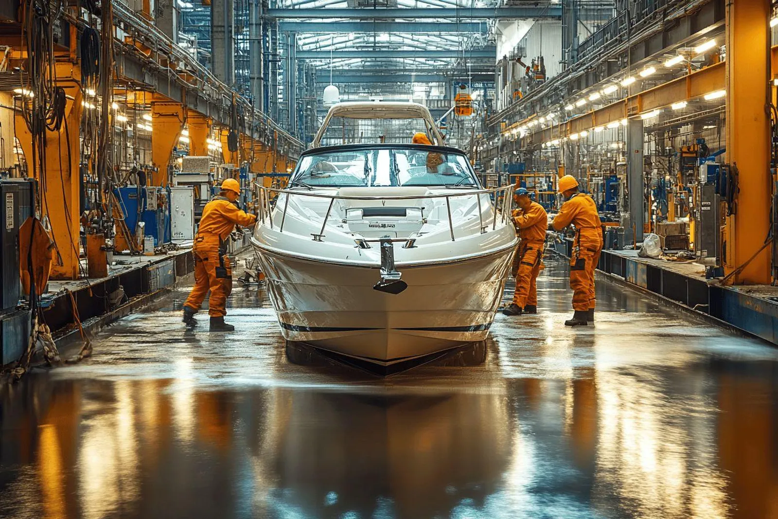 Un plaisancier et un technicien examinent les dégâts d’un bateau à quai avec des documents et un téléphone, dans une lumière naturelle.
