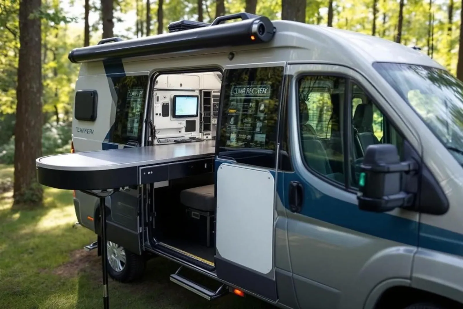 Un camping-car stationné dans une aire sécurisée, avec des dispositifs antivol visibles et un couple qui vérifie le véhicule avant de partir.