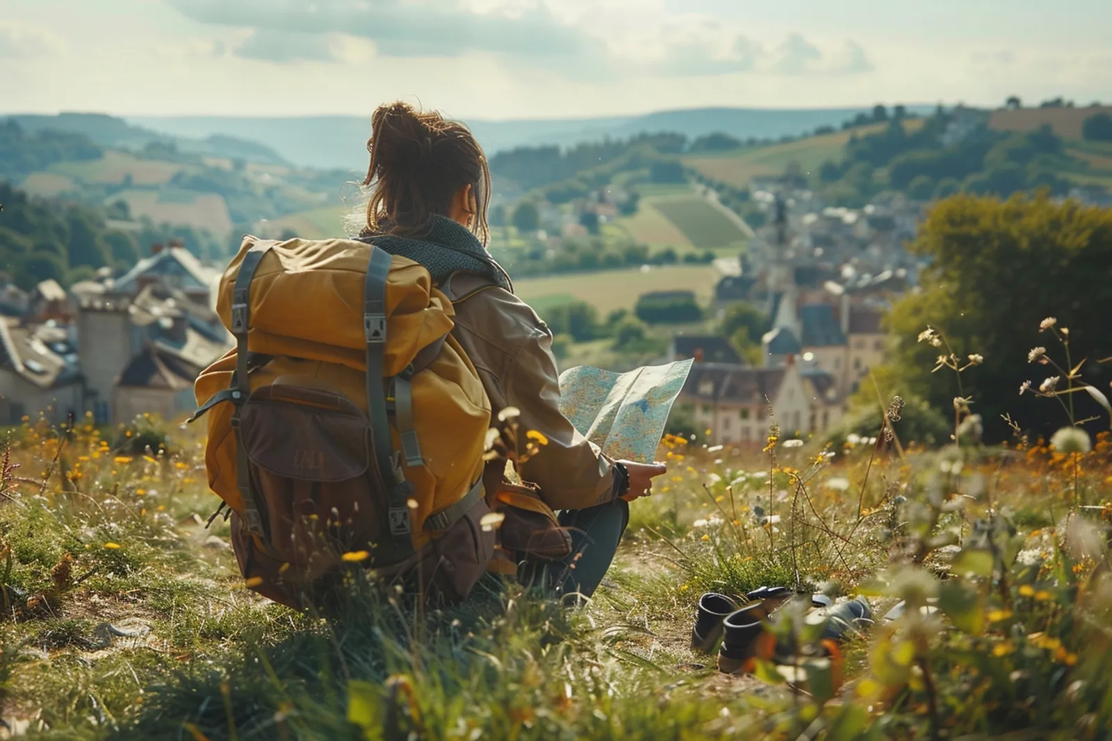 Un voyageur sac au dos attend un train en France, carte à la main, dans une scène de voyage réaliste et lumineuse.