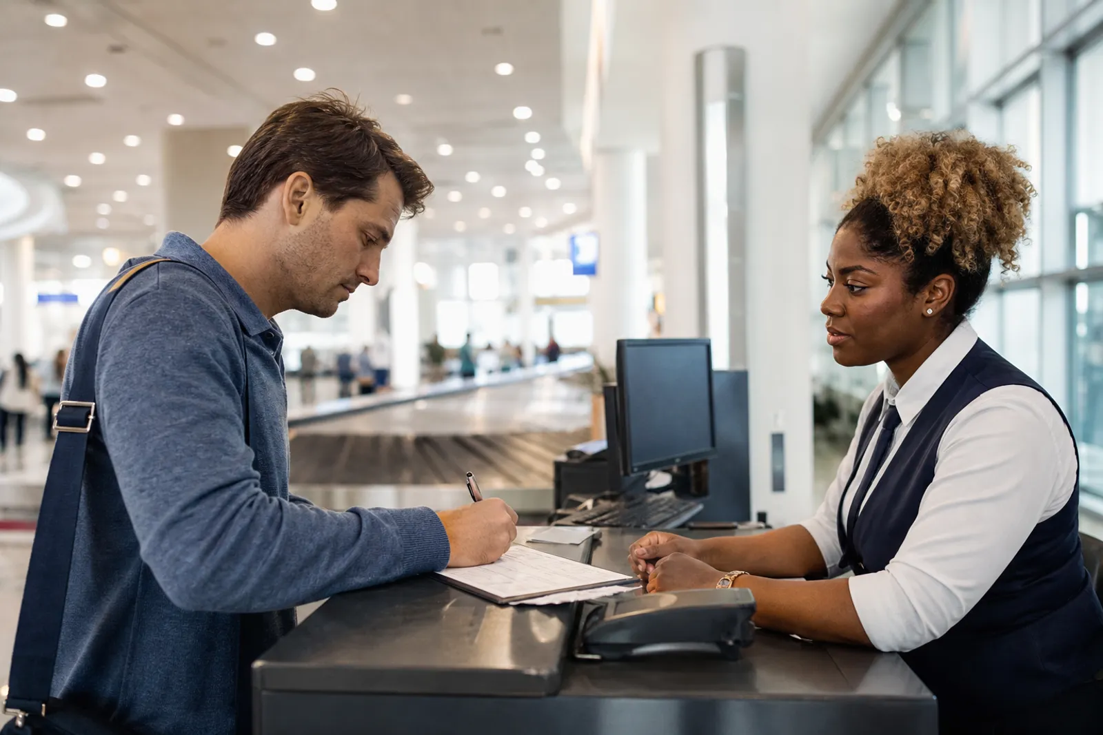 Un voyageur remplit une déclaration de bagage perdu au comptoir d'une compagnie aérienne dans un aéroport.