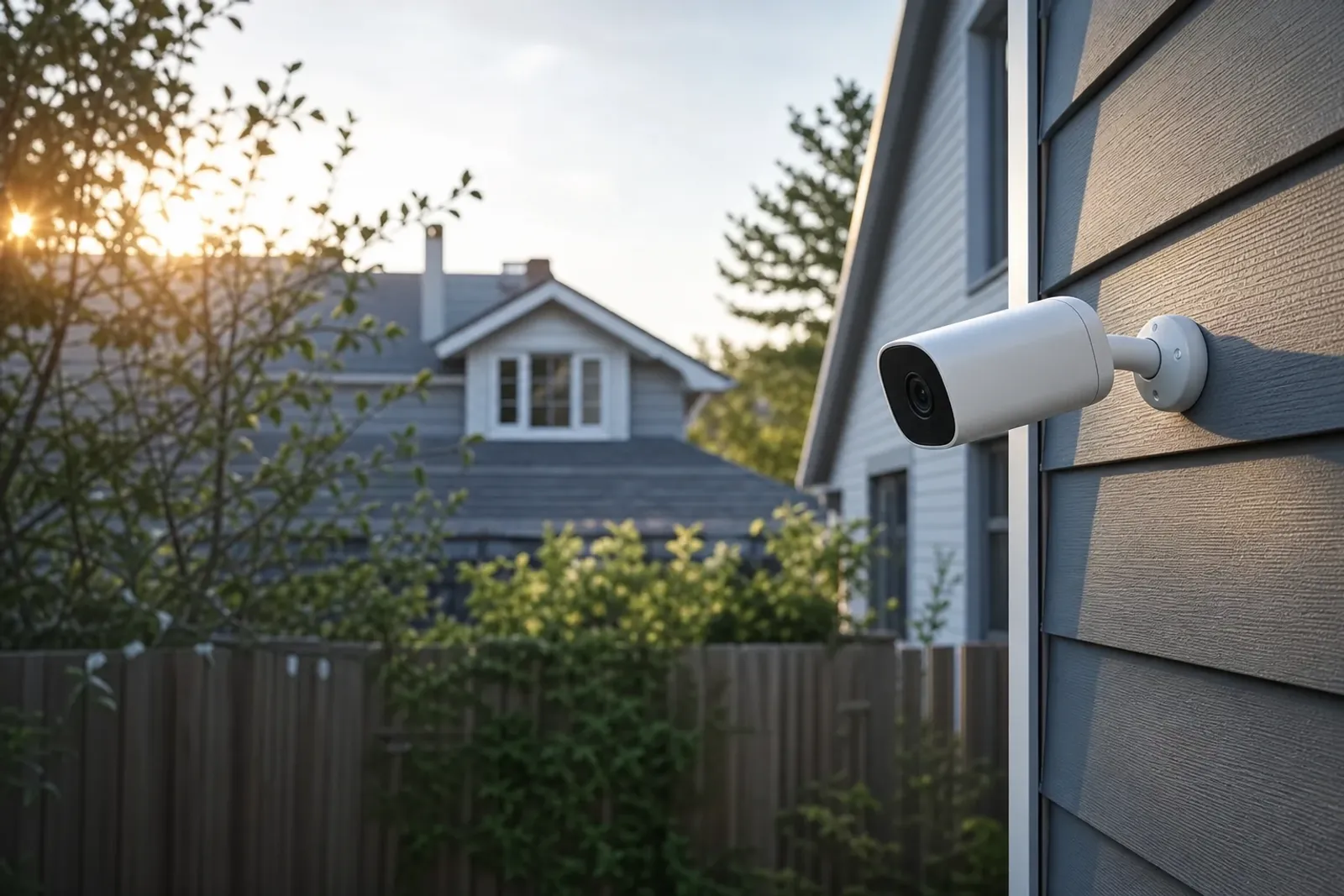 Une caméra de vidéosurveillance fixée sur la façade d'une maison, orientée vers une clôture de jardin voisine.