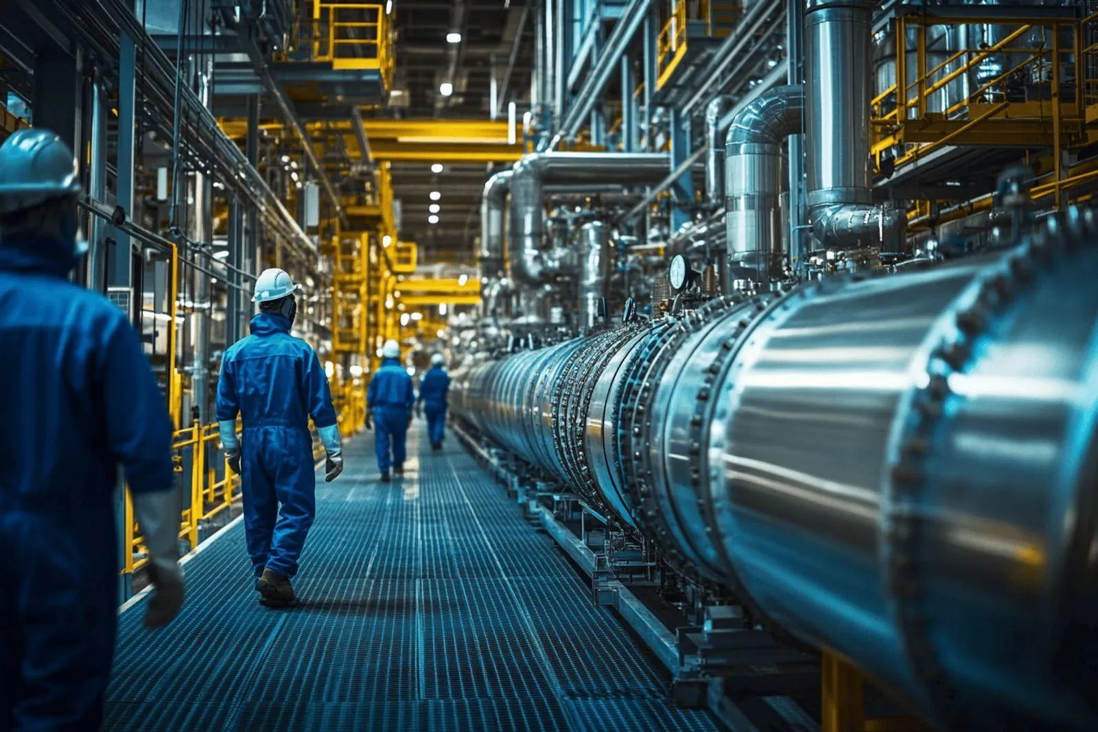 Un ingénieur contrôle un système de chauffage industriel dans une usine chimique, devant des cuves et des tuyauteries isolées.
