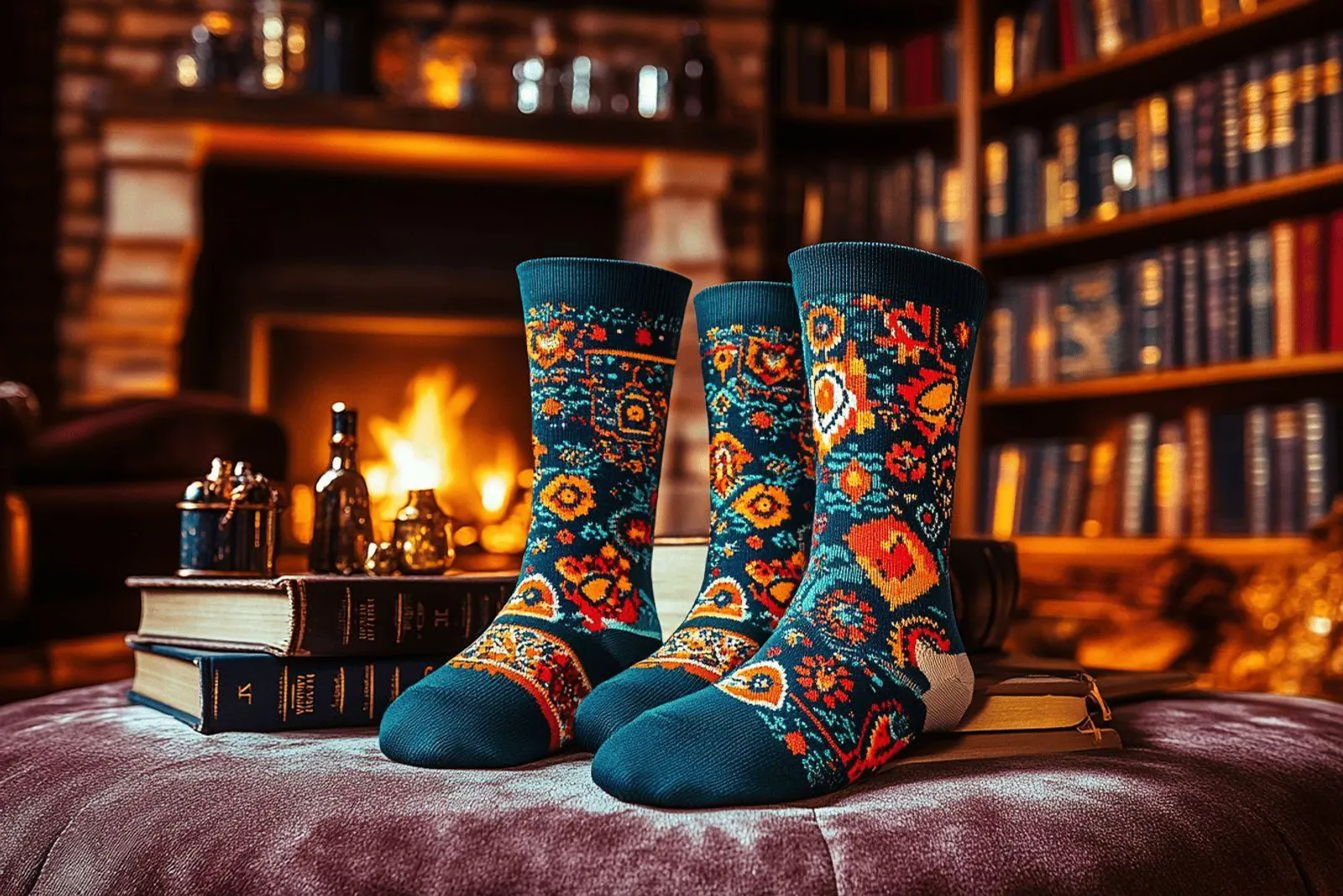 Une paire de chaussettes à thème Harry Potter posée près d’un livre et d’une tasse dans une lumière naturelle douce.