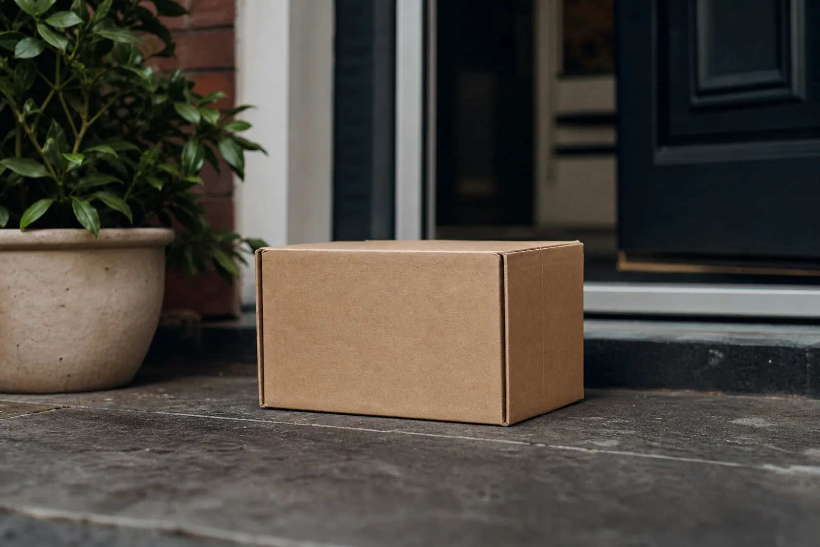 Un carton de livraison posé devant une porte d'entrée, avec une étiquette d'expédition visible.