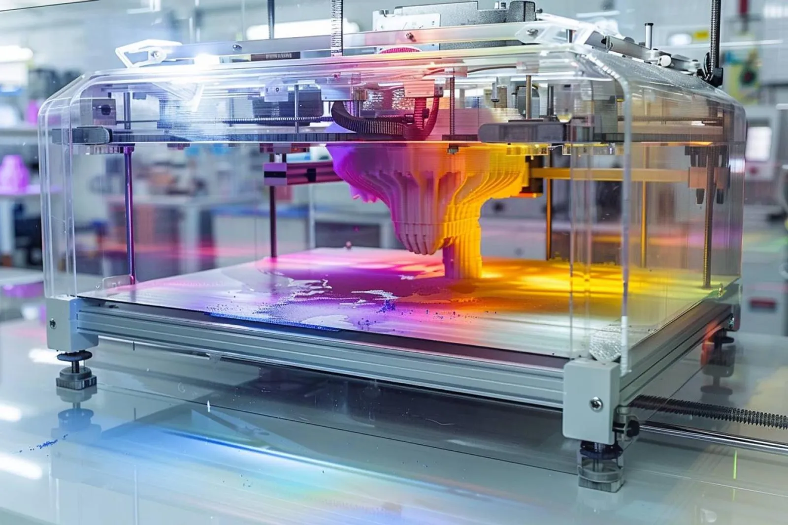 Un technicien examine des pièces issues d’une impression 3D SLS dans un atelier lumineux, avec de la poudre et des bacs de post-traitement.