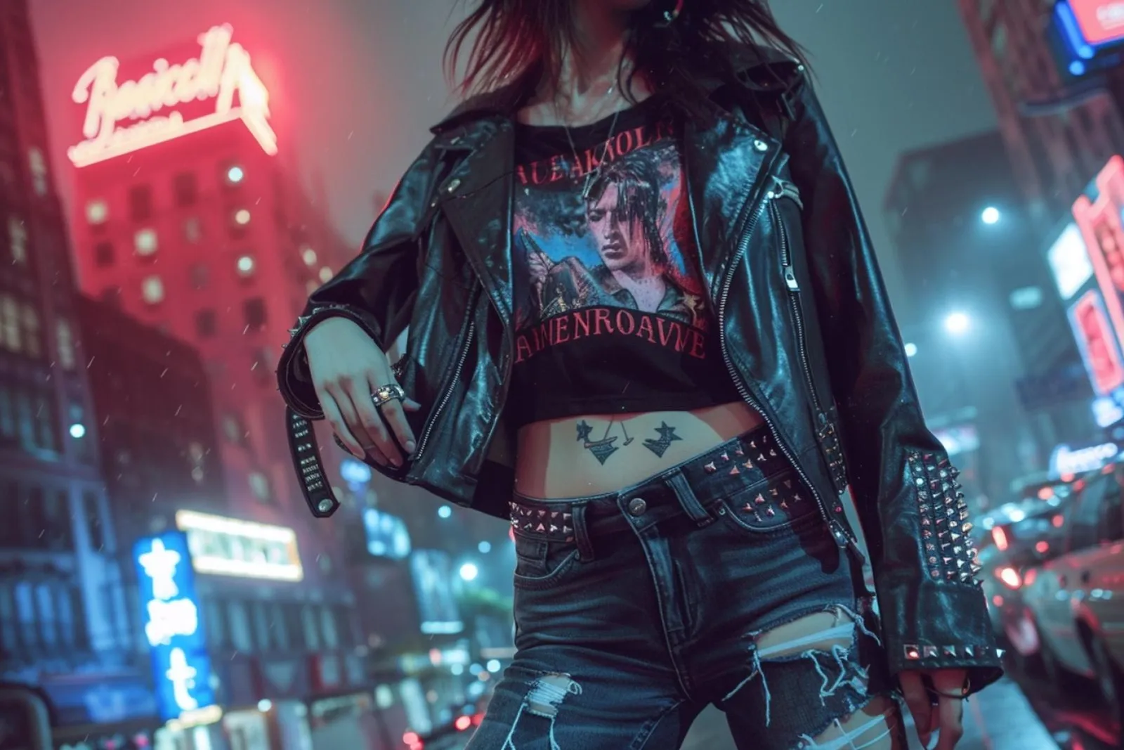 Une femme en tenue rock urbaine avec perfecto en cuir, jean noir et bottines dans une rue de ville.