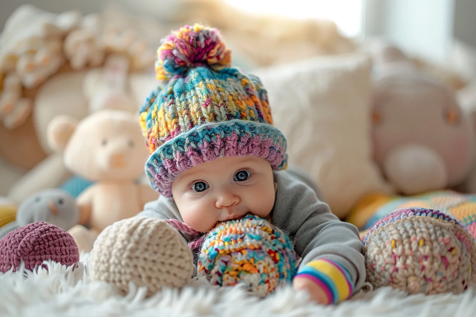 Un parent montre un chapeau souple à un bébé curieux assis au sol dans un intérieur lumineux.