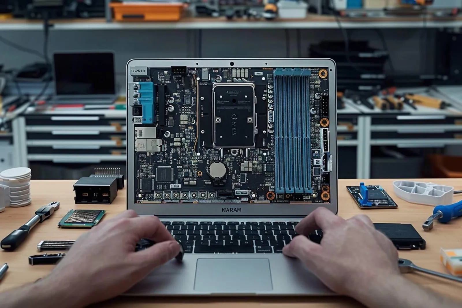 Une personne assemble avec soin un PC portable modulaire ouvert sur un bureau, avec de la RAM et un SSD visibles.
