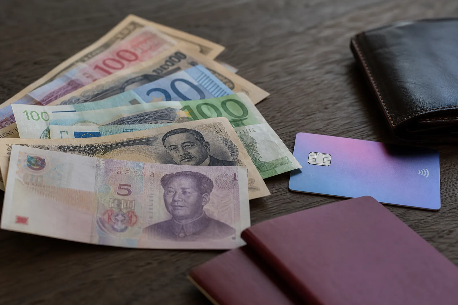 Des billets de banque de différentes devises étalés à côté d'un passeport et d'une carte bancaire sur une table.