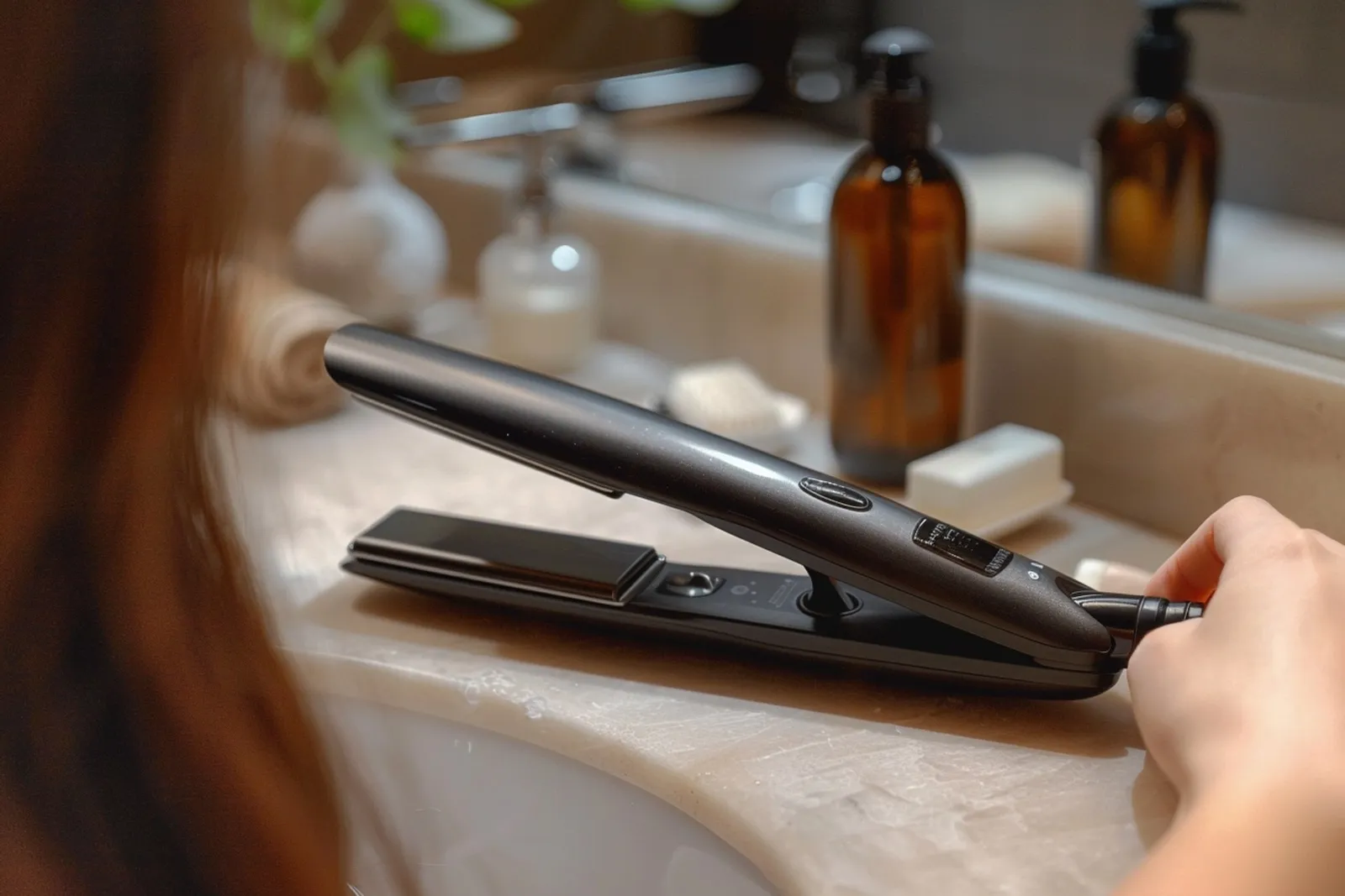 Une personne lisse une mèche de cheveux avec un fer à lisser, devant un miroir, dans une salle de bain lumineuse.