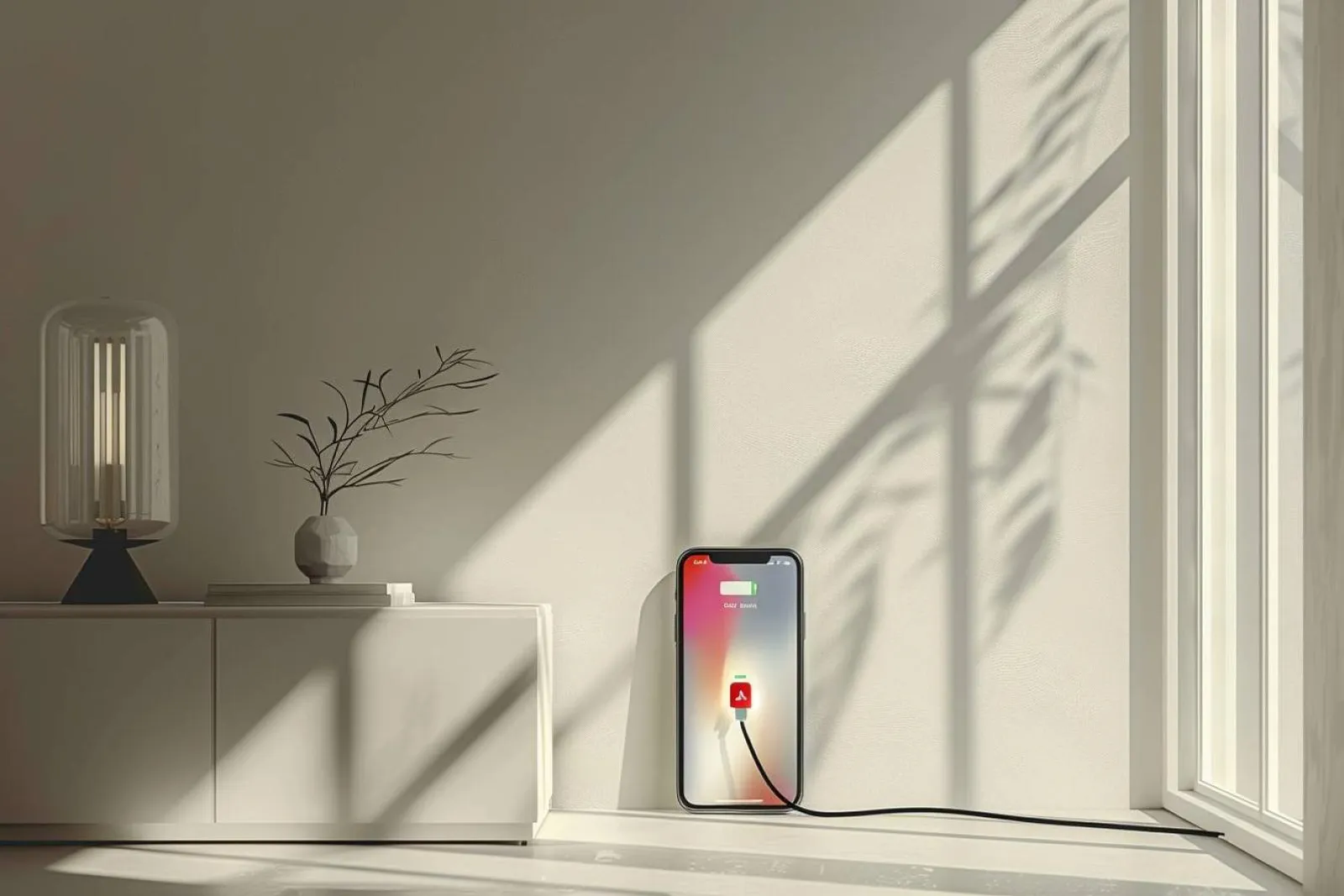 Une personne vérifie la batterie d’un iPhone réparé sur un bureau, pendant qu’il est en charge.