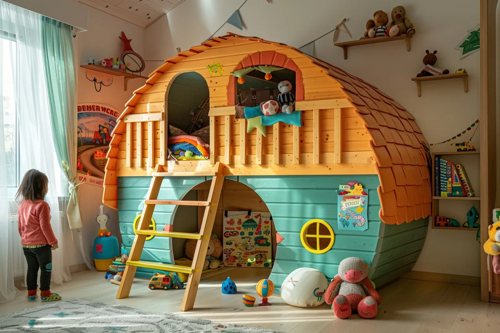 Une chambre d’enfant lumineuse avec un lit cabane mezzanine en bois, des rangements dessous et une décoration douce et ordonnée.
