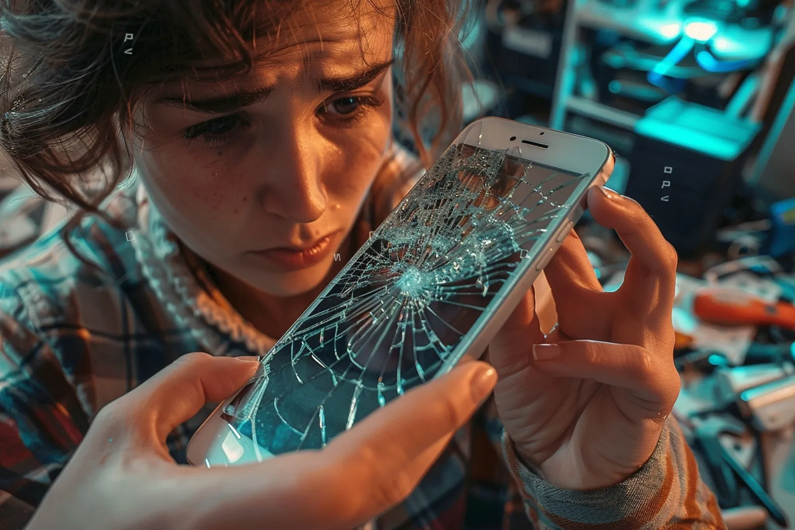 Une personne compare des devis dans une boutique de réparation de smartphone, téléphone fissuré à la main.