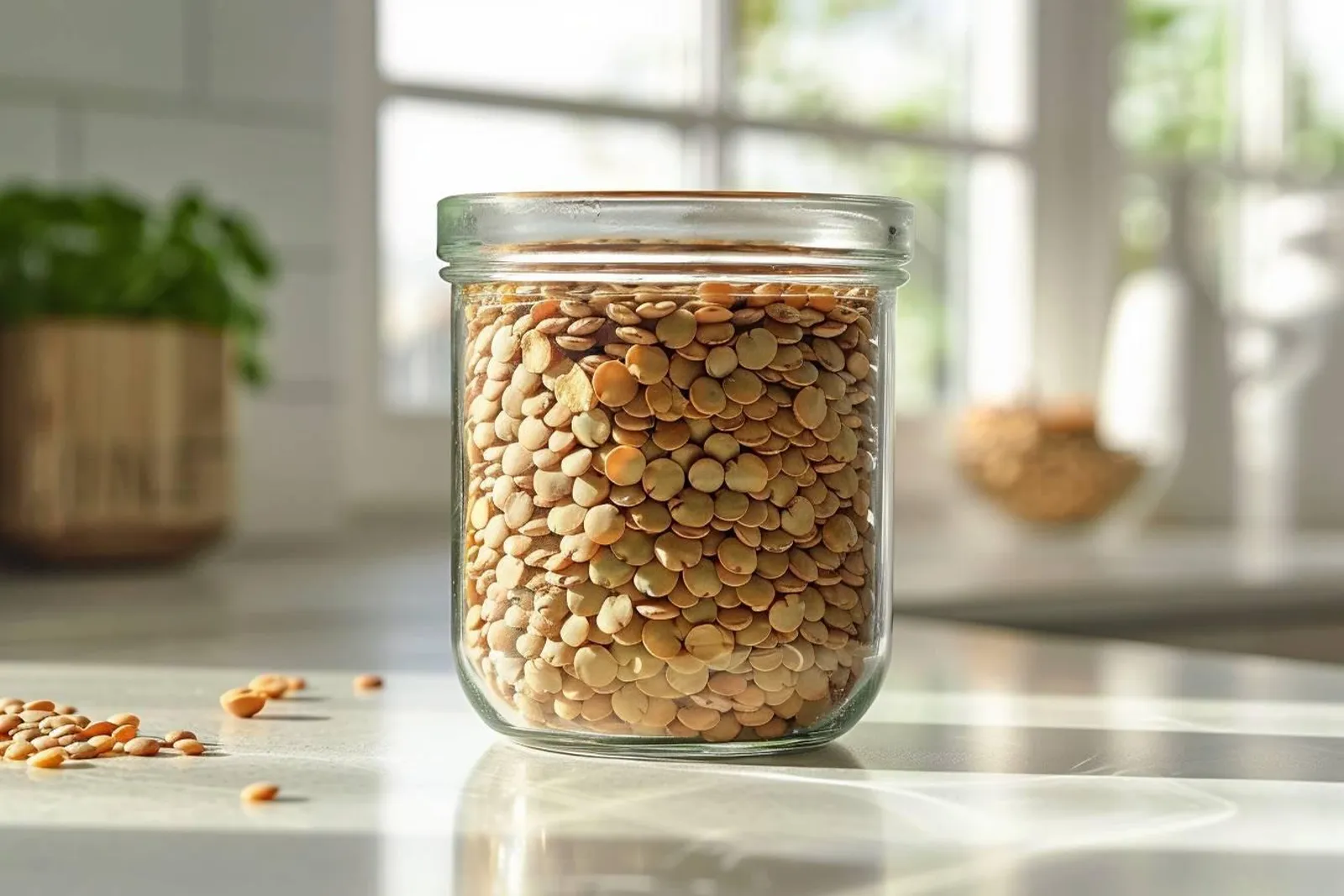 Des lentilles sèches dans des bocaux hermétiques et des lentilles cuites conservées au réfrigérateur.