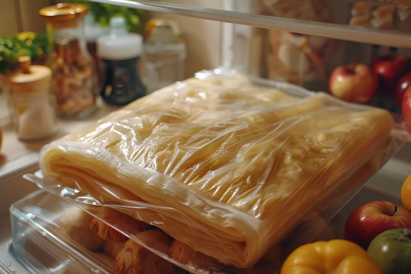 Une pâte feuilletée soigneusement emballée sur un plan de travail de cuisine, à côté du réfrigérateur.
