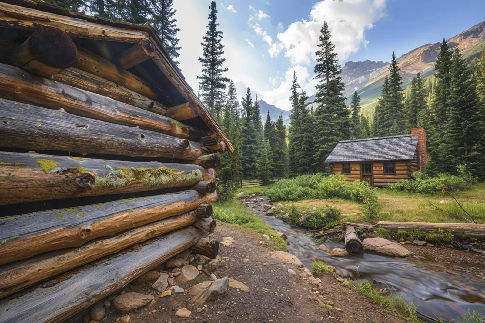 Une cabane de trappeur en rondins en construction dans une clairière boisée, avec des rondins empilés et une charpente partiellement montée.