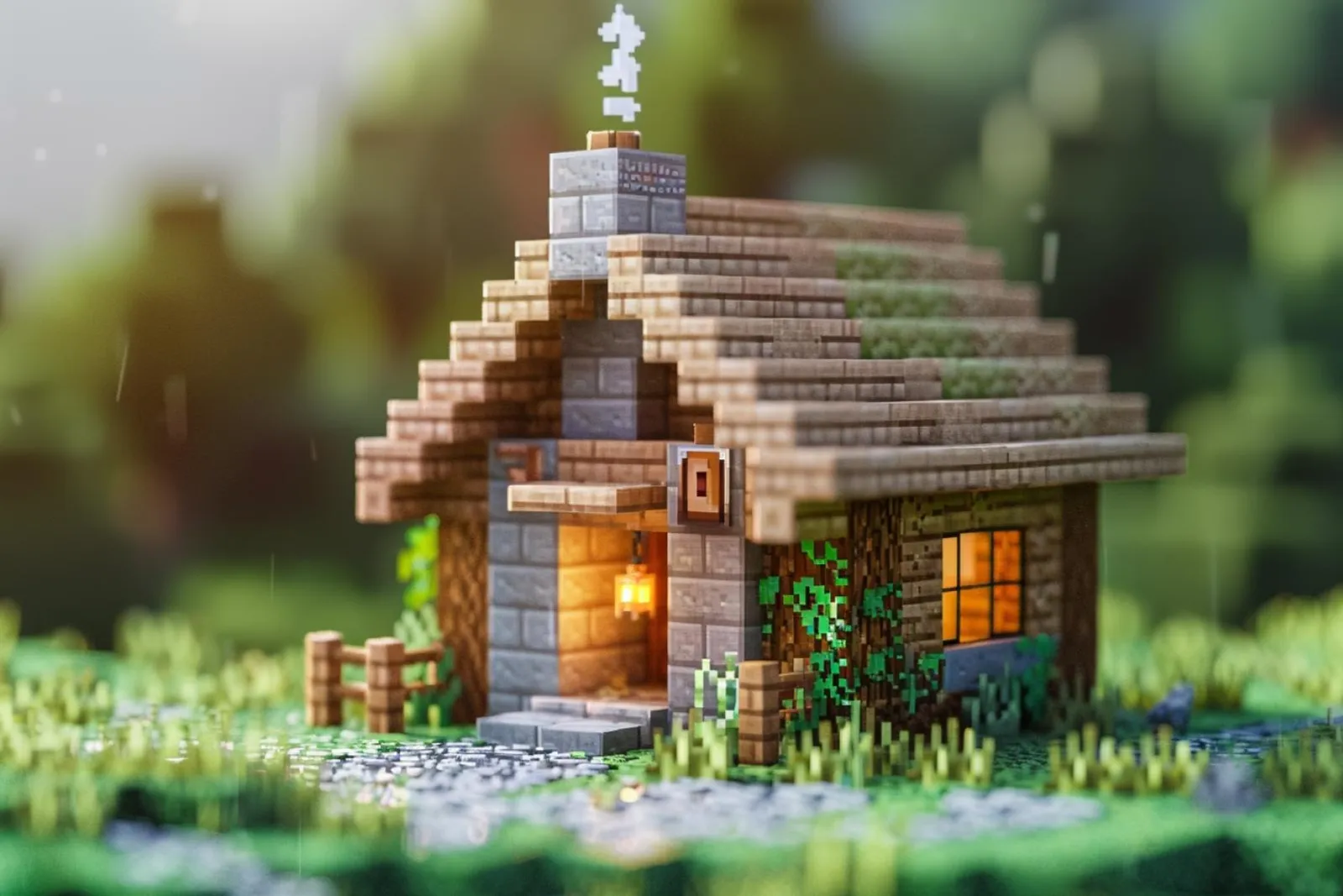 Une petite maison Minecraft en bois, simple et lumineuse, construite dans un paysage naturel dégagé.