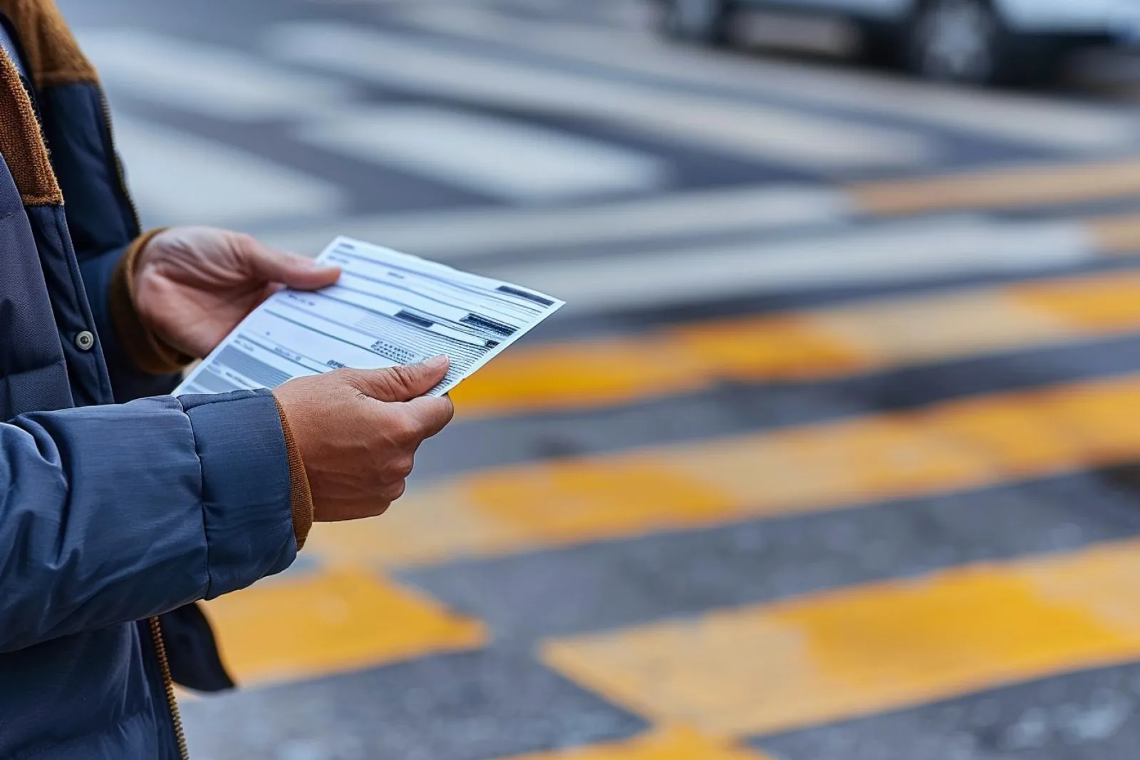Un automobiliste photographie son véhicule stationné près d’un passage piéton en ville, avec un avis de contravention à la main.