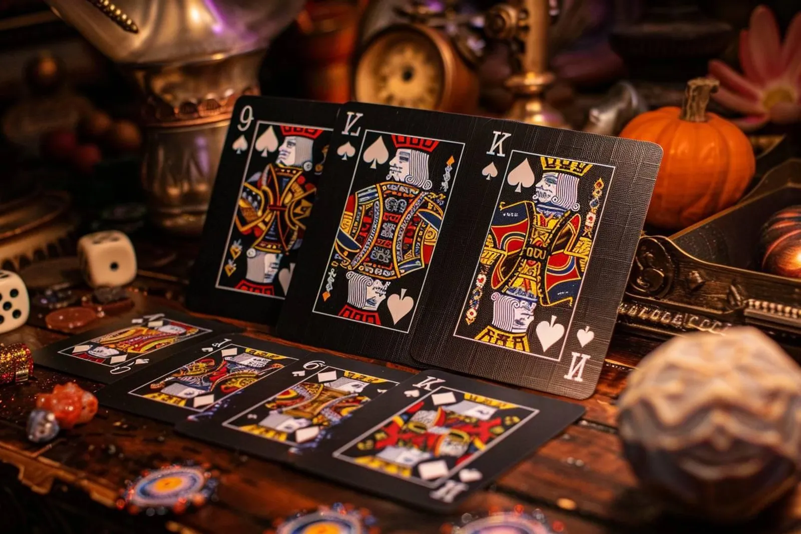 Un magicien prépare des cartes à jouer personnalisées sur une table de travail, avec outils de création et prototypes imprimés.