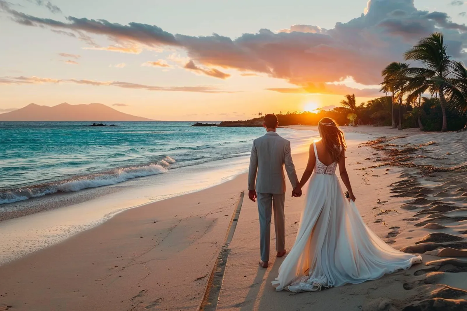 Un couple feuillette et compose un album photo de voyage de noces avec des tirages, une carte et un carnet sur une table en bois.