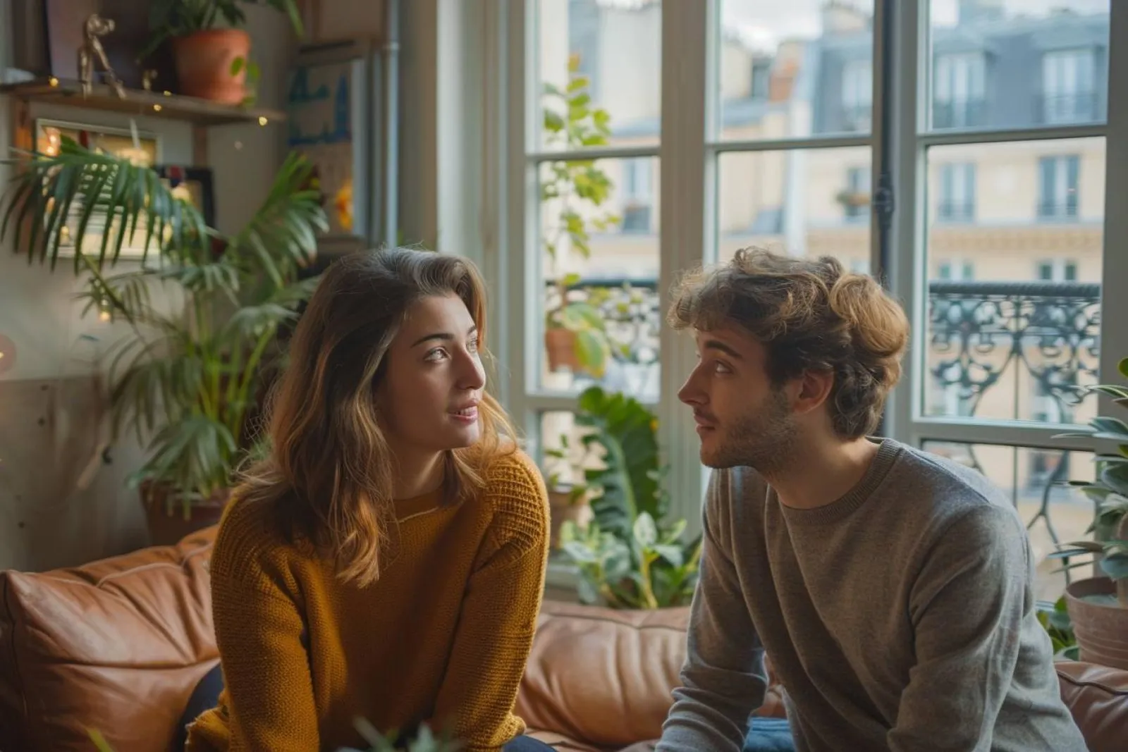 Un bailleur et un locataire échangent calmement dans un appartement parisien lumineux.