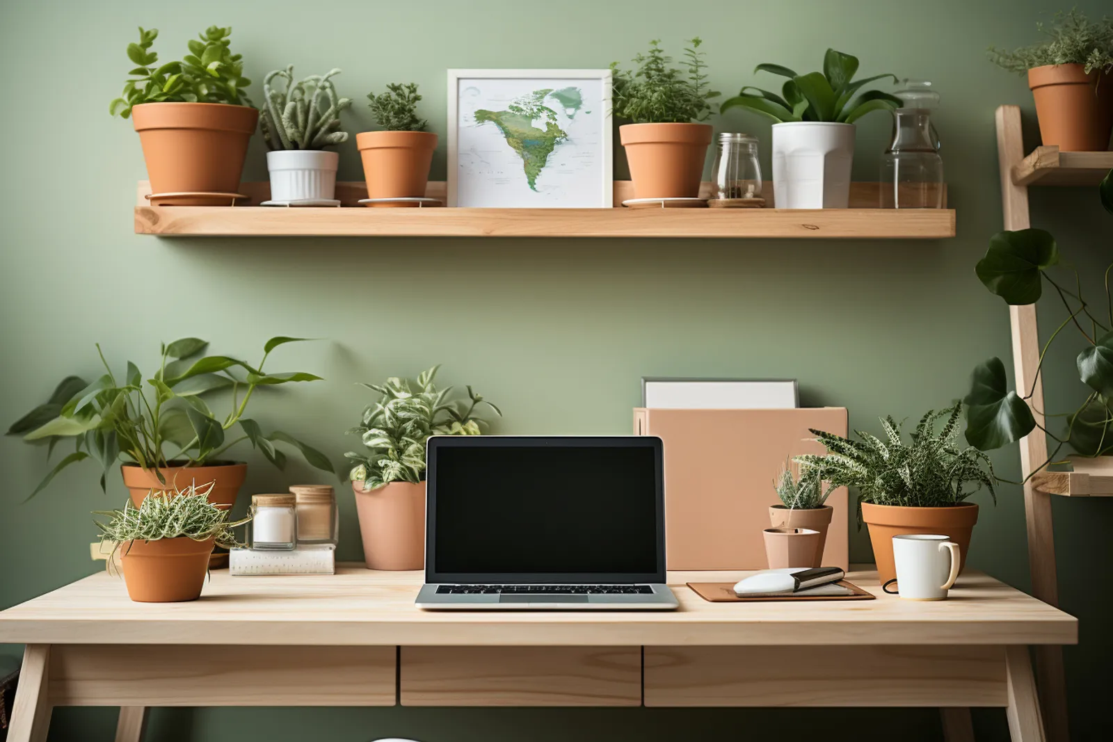Un bureau à domicile sobre et ergonomique, bien éclairé par la lumière naturelle, avec un ordinateur, une chaise confortable et un rangement discret.