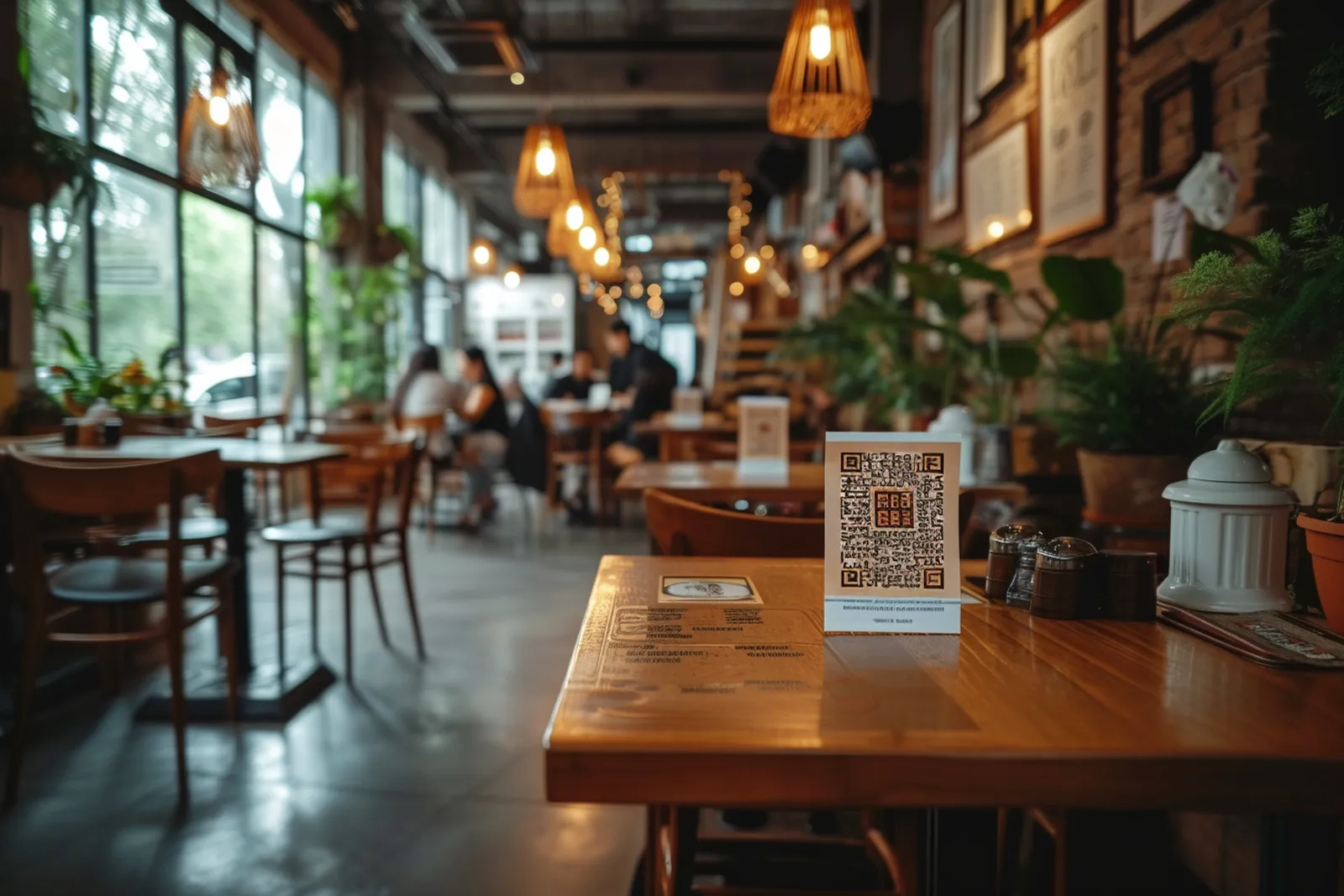 Un QR code de menu posé sur une table de restaurant, à côté d’un smartphone et de couverts.