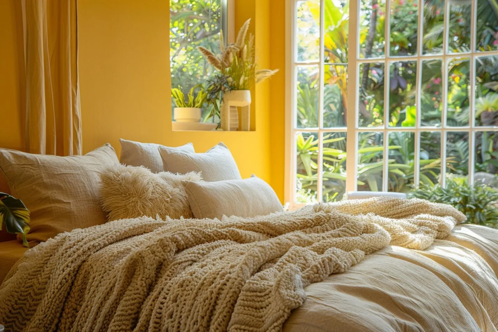 Une chambre chaleureuse peinte en jaune doux, avec du linge de lit en lin et des matières naturelles.