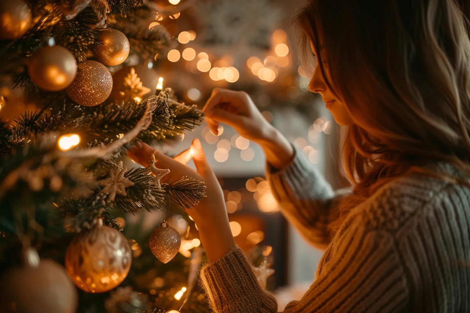 Une famille décore un sapin de Noël dans un salon chaleureux, avec des guirlandes lumineuses et des ornements soigneusement répartis.