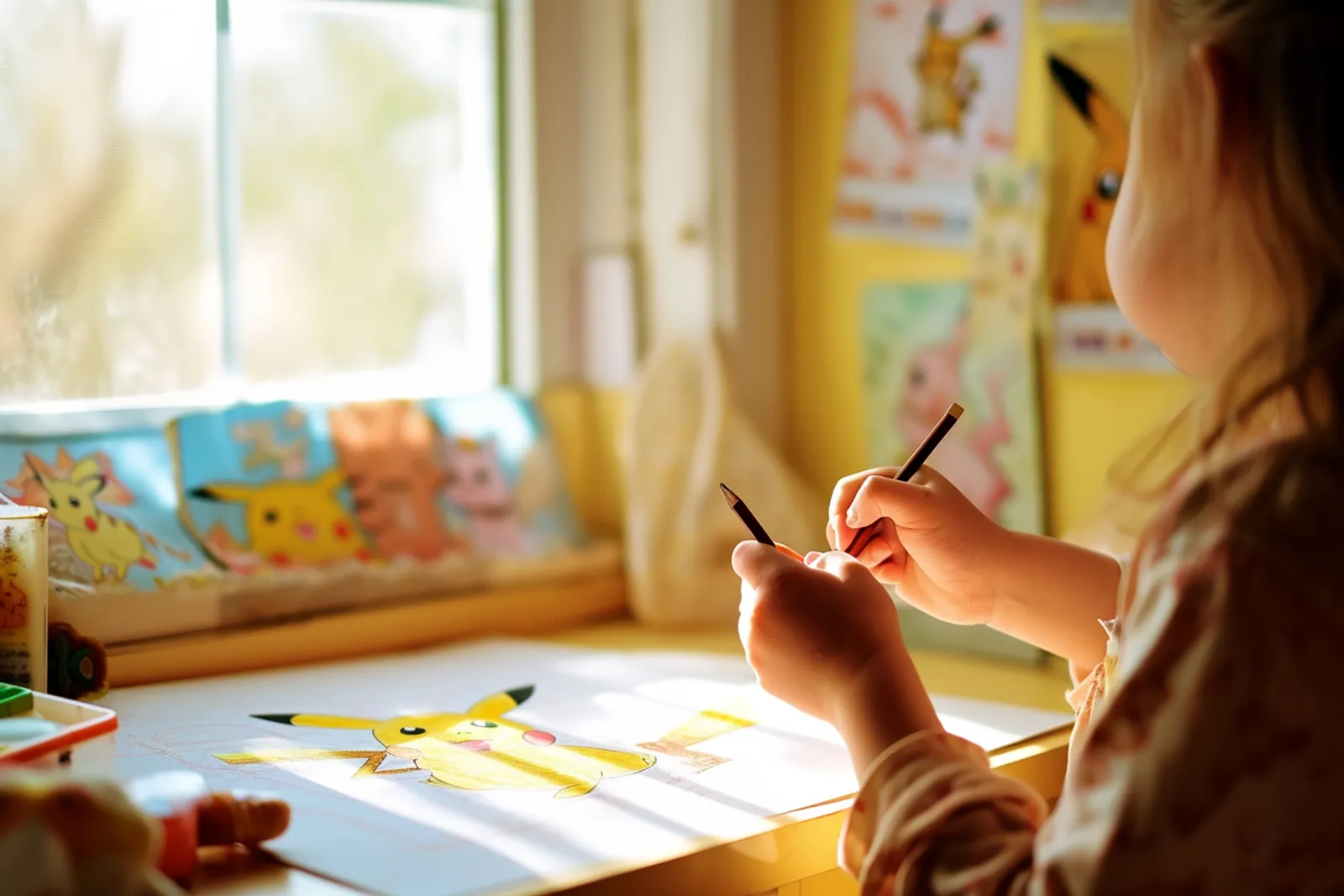 Une personne dessine Pikachu sur une feuille blanche avec un crayon et des crayons de couleur, dans une lumière naturelle douce.