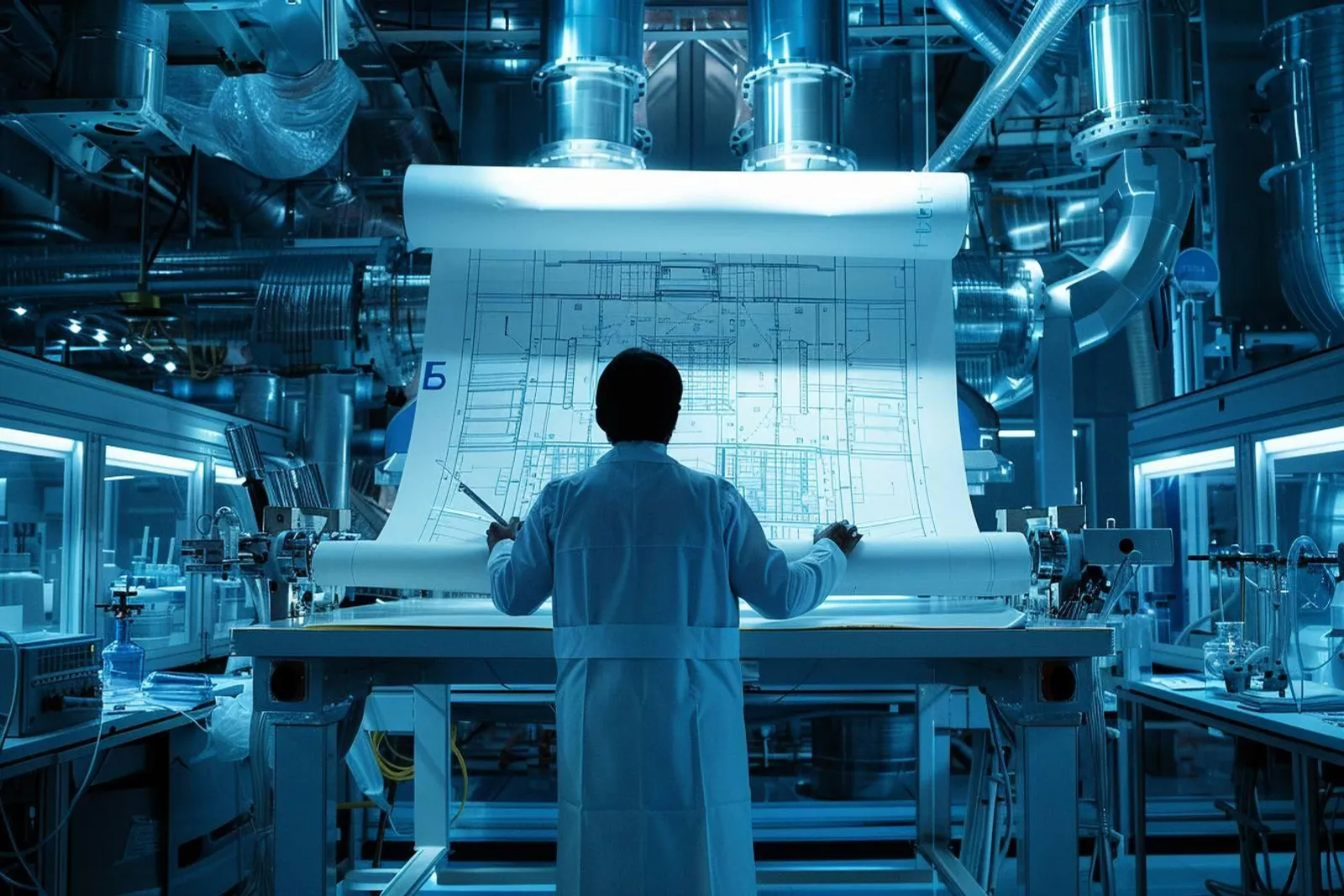 Un ingénieur en génie climatique examine un tableau de commande dans un local technique moderne, avec plans et installations CVC visibles.
