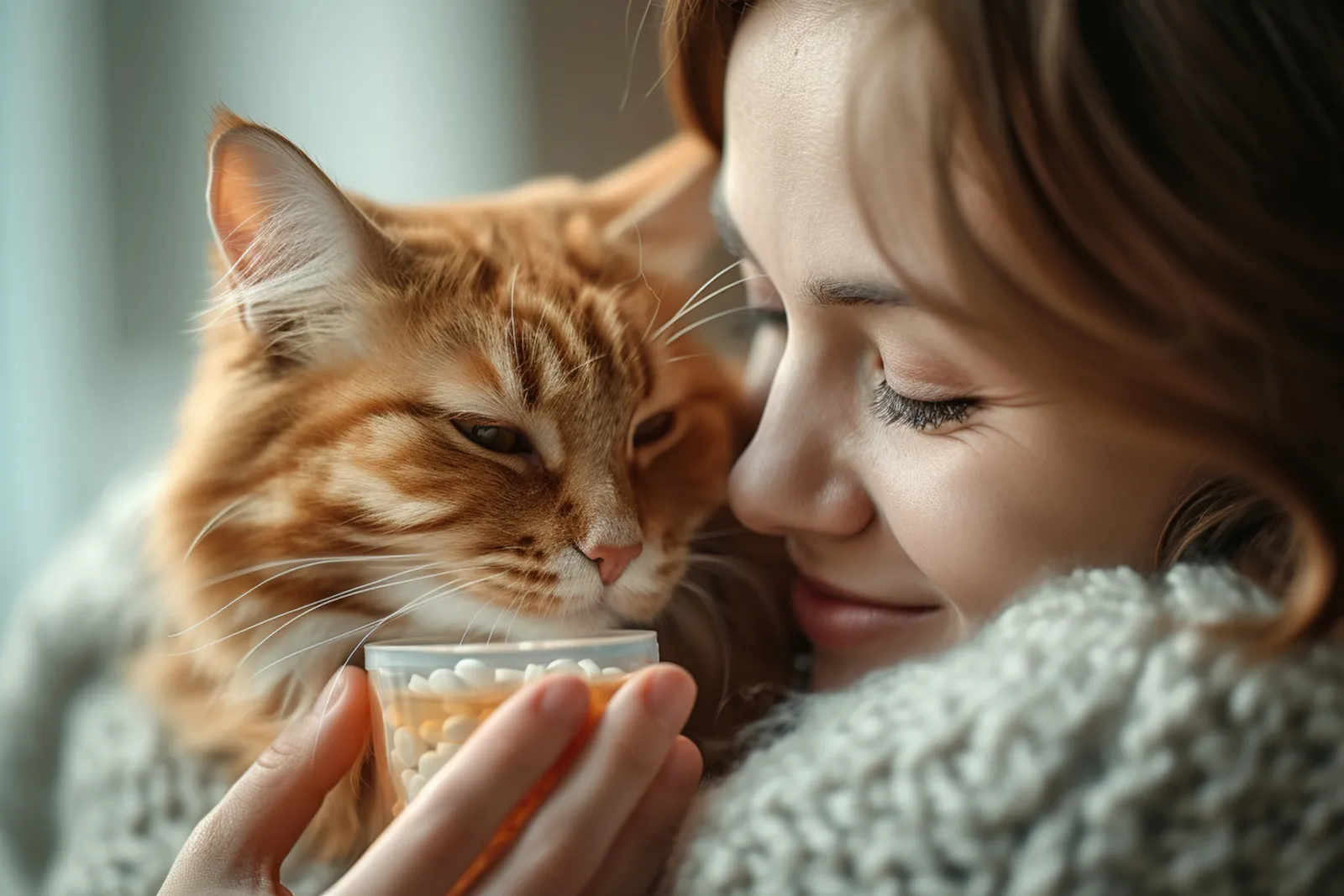 Une personne prépare calmement un médicament pour chat sur une table, avec une seringue orale et une friandise à proximité.