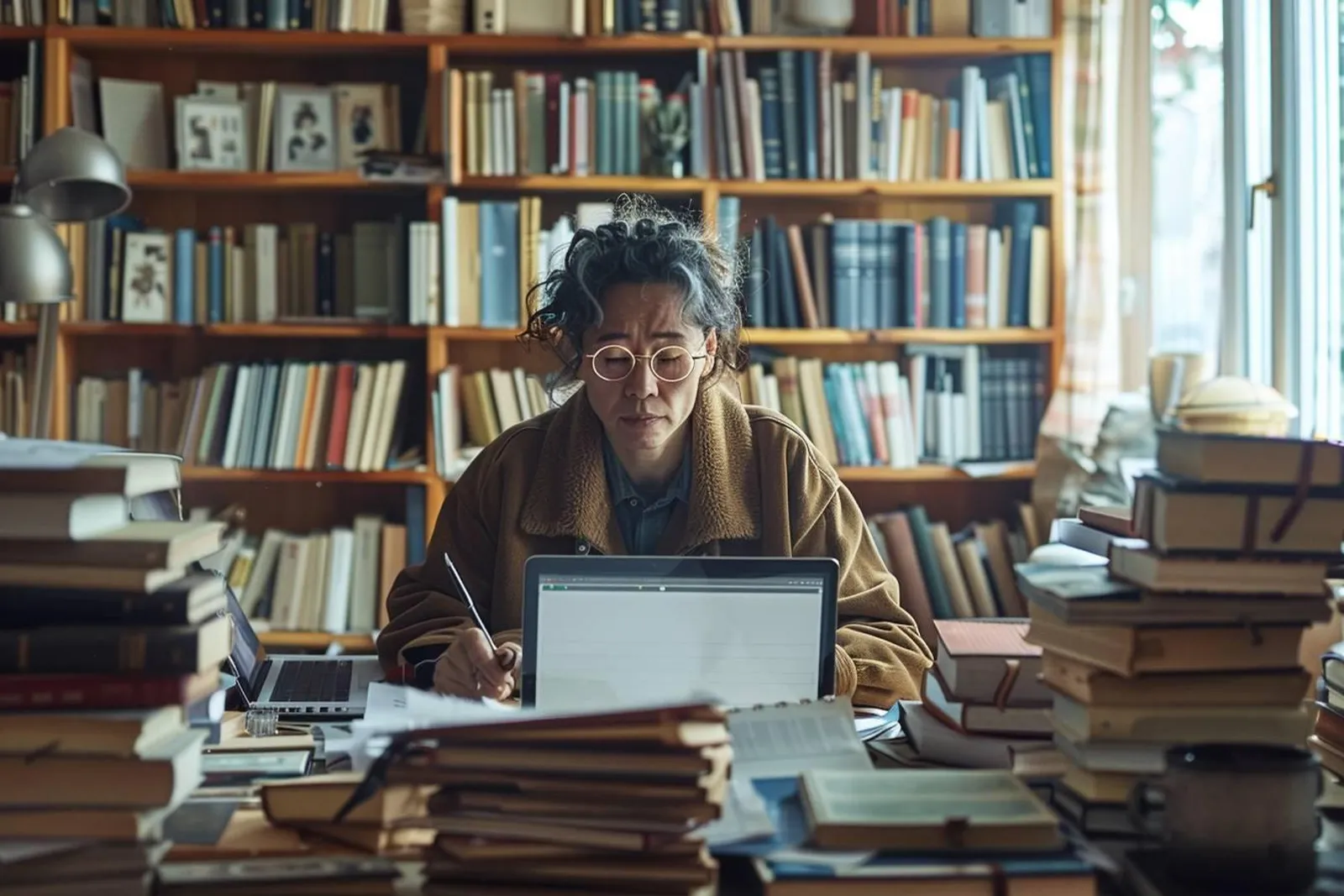 Une personne écrit son autobiographie à un bureau, entourée de photos et de notes manuscrites.