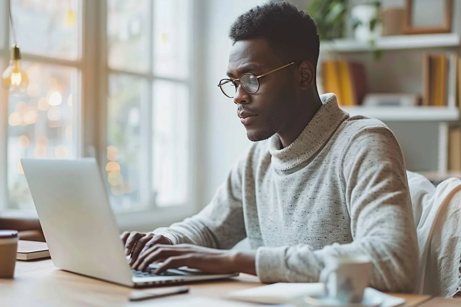 Une personne relit et structure un article de blog sur un ordinateur portable, avec des notes et un carnet sur un bureau bien éclairé.