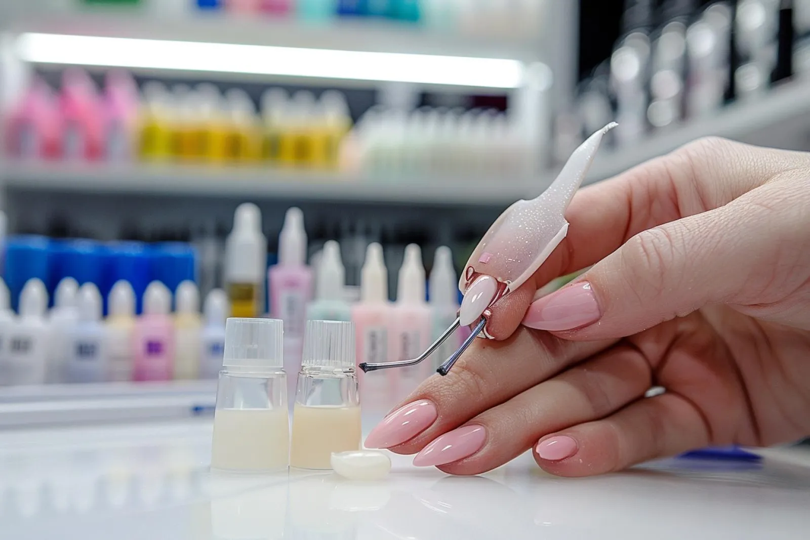 Des mains retirant des faux ongles avec du coton, une lime et de l’acétone sur une table soignée.