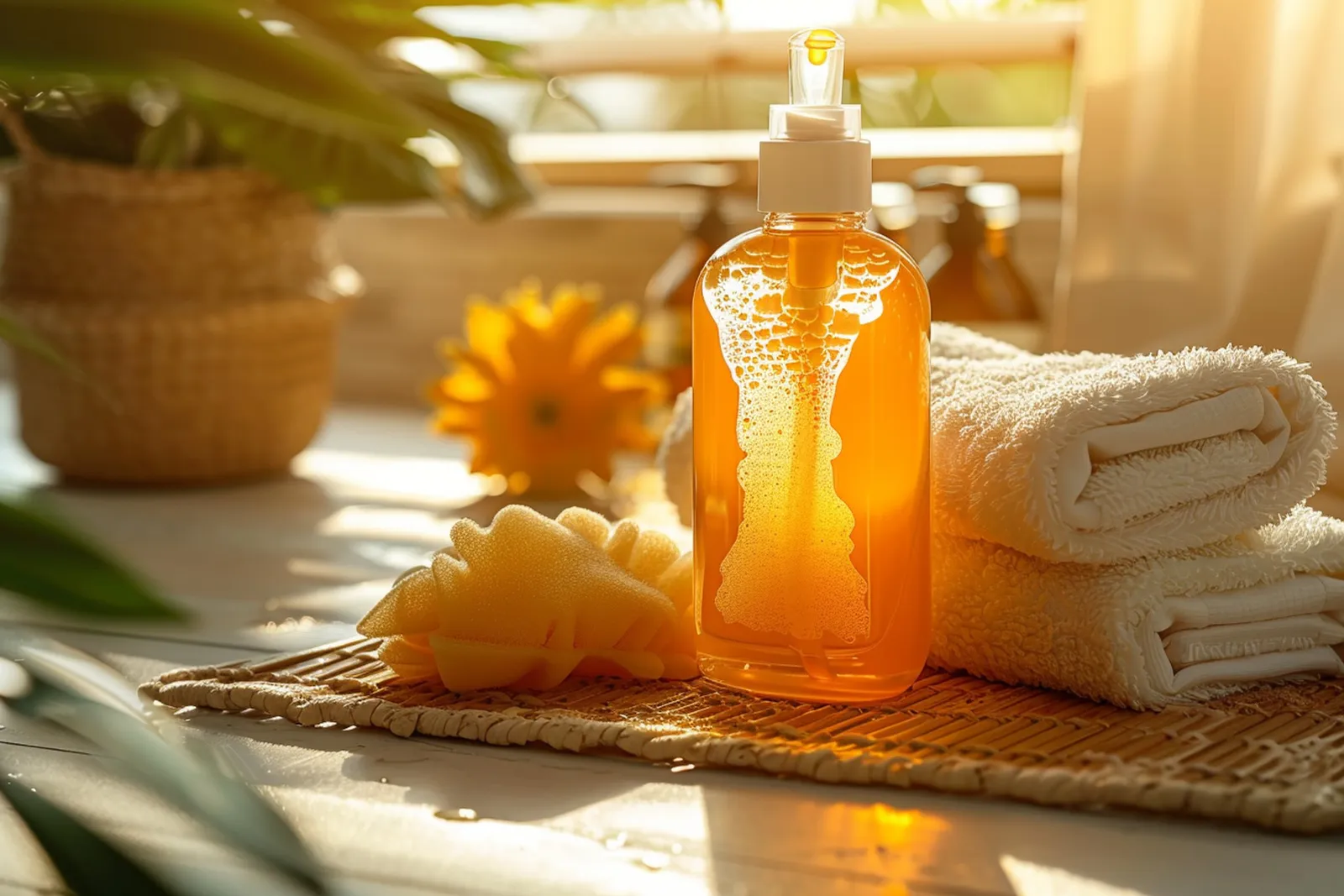Une femme enlève délicatement un autobronzant sur son avant-bras dans une salle de bain lumineuse.