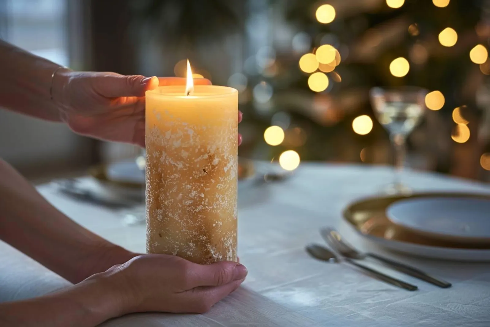 Une personne retire de la cire de bougie sur une nappe blanche avec un fer et du papier absorbant dans une salle à manger lumineuse.