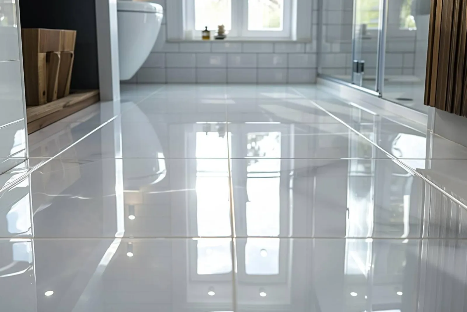 Une personne nettoie délicatement un carrelage neuf avec une serpillière microfibre dans une pièce lumineuse.