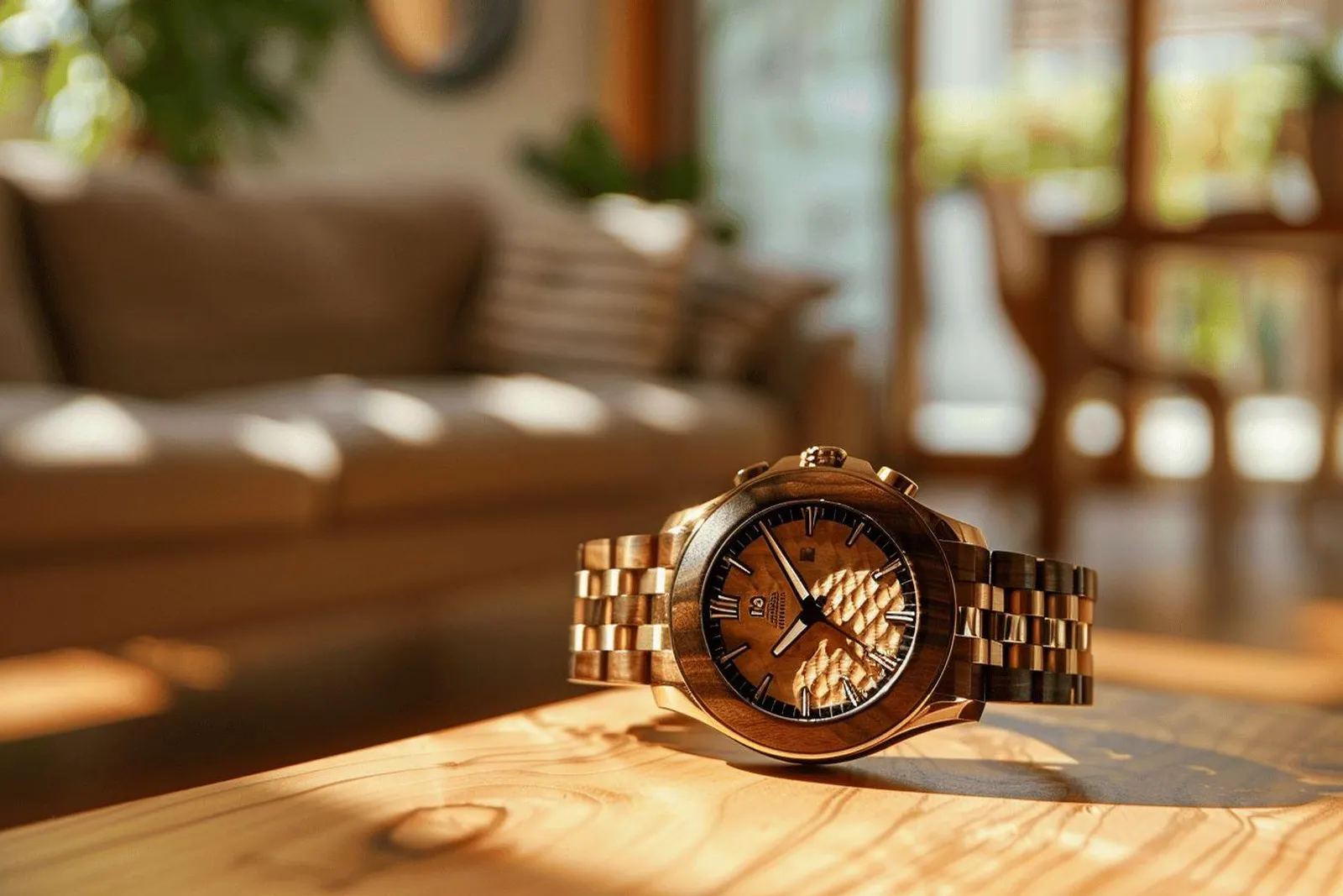 Une montre en bois posée sur un tissu clair avec un chiffon doux et des accessoires de nettoyage, dans une lumière naturelle.