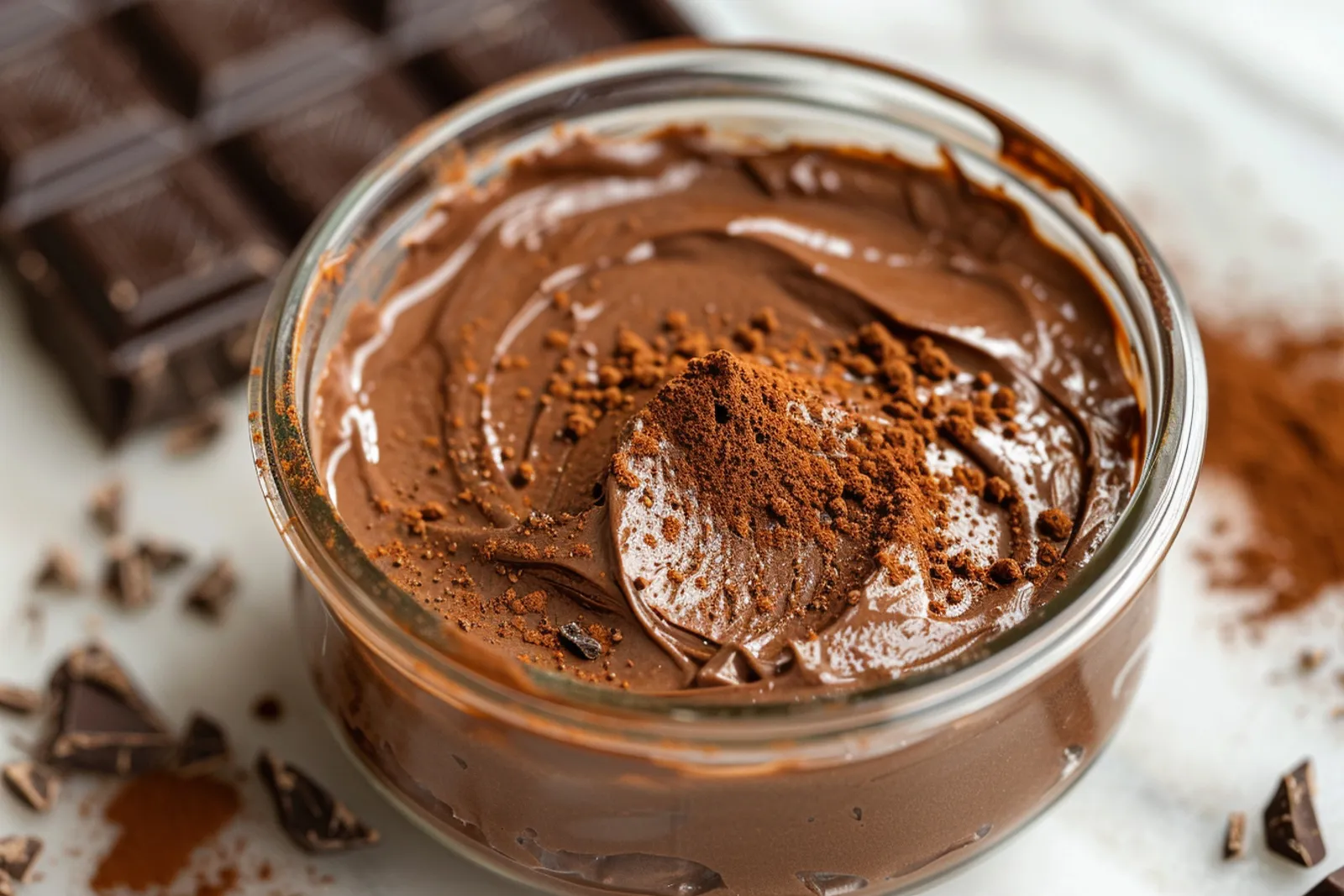 Une mousse au chocolat en préparation dans un bol, avec des verrines à côté dans une cuisine lumineuse.