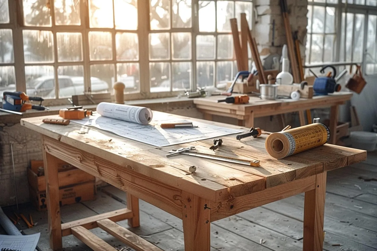 Une personne assemble un meuble en bois dans un atelier lumineux, avec des outils de bricolage et des panneaux découpés sur l’établi.