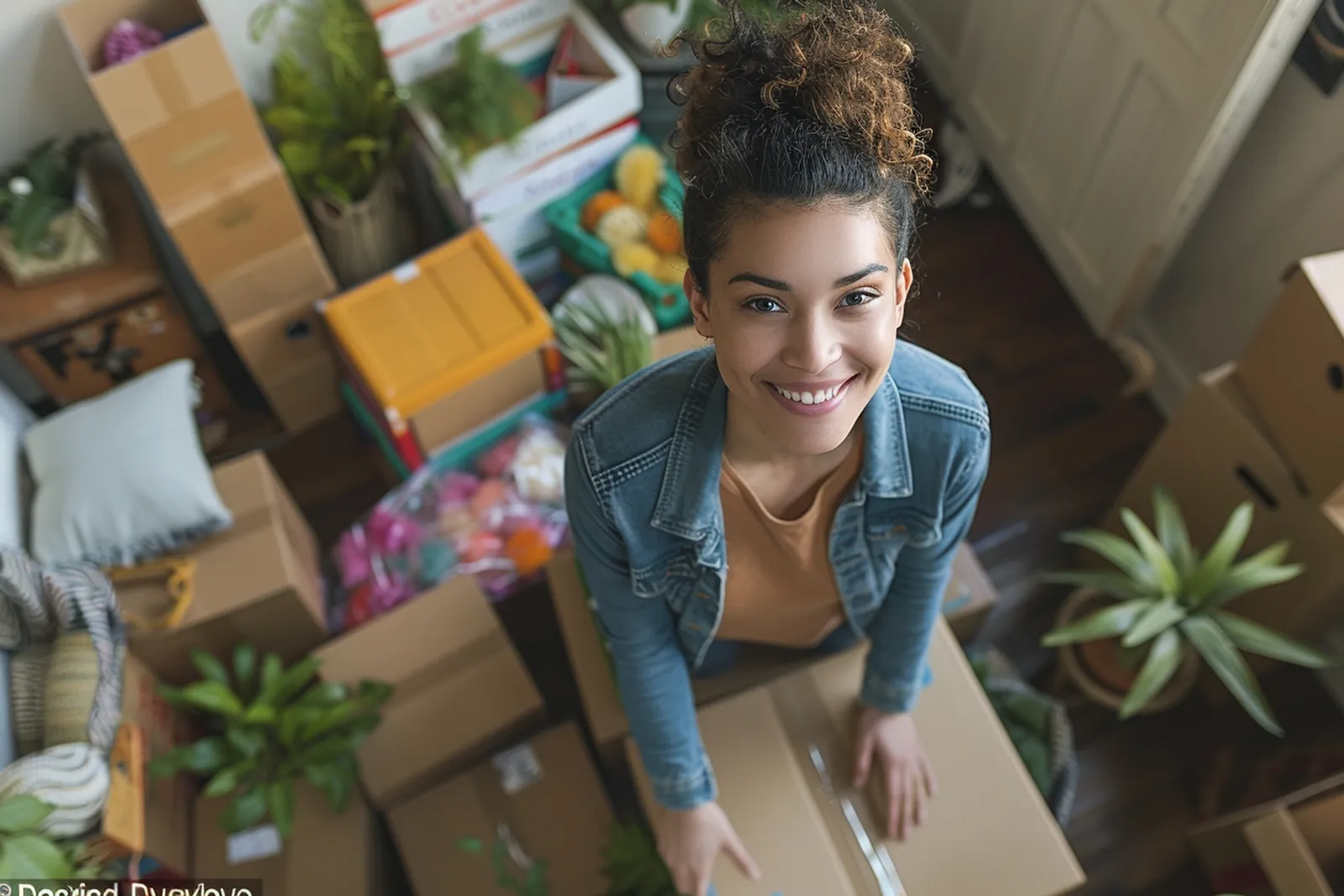Des personnes déchargent des cartons étiquetés dans un nouvel appartement lumineux, dans une ambiance calme et organisée.