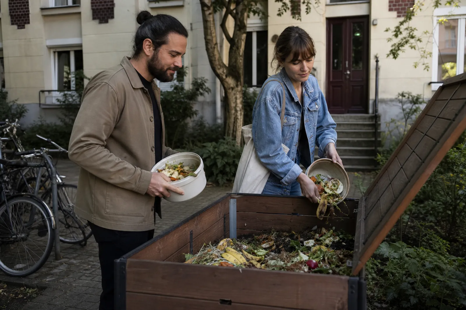 Des habitants déposent des déchets alimentaires dans un composteur collectif en bois installé au pied d'un immeuble.