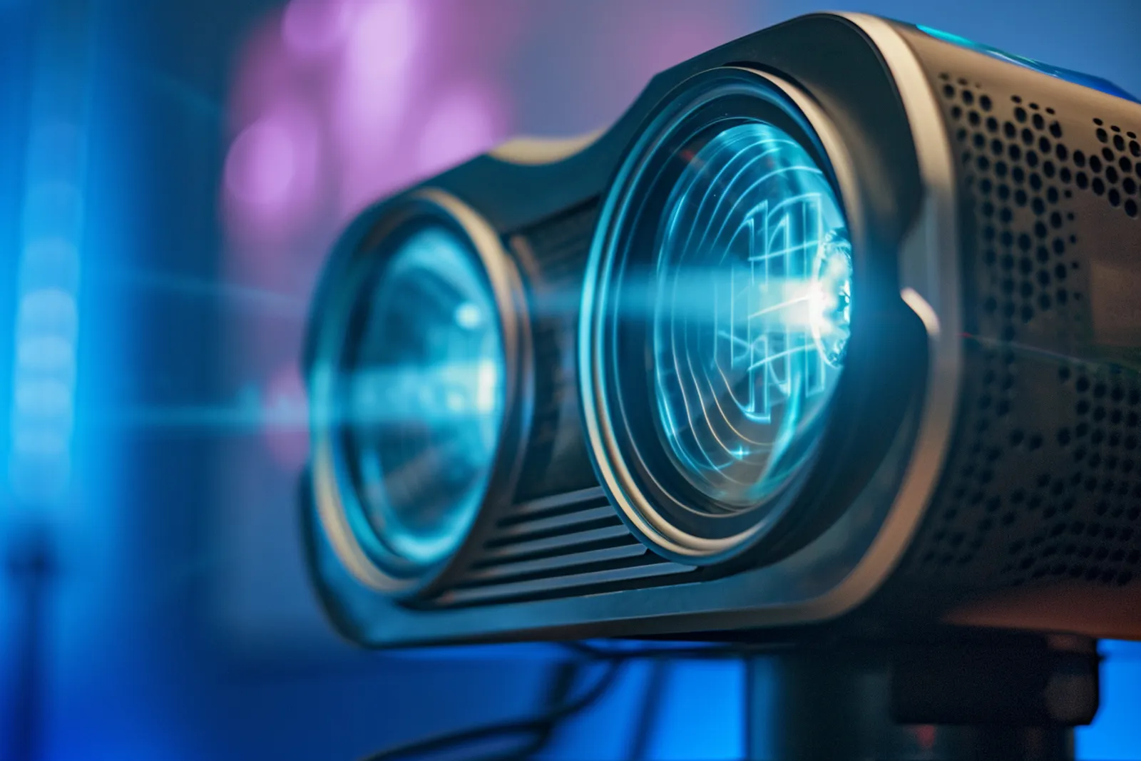 Un vidéoprojecteur moderne projette une image nette sur un écran blanc dans un salon assombri, tandis qu’une personne règle la mise au point.